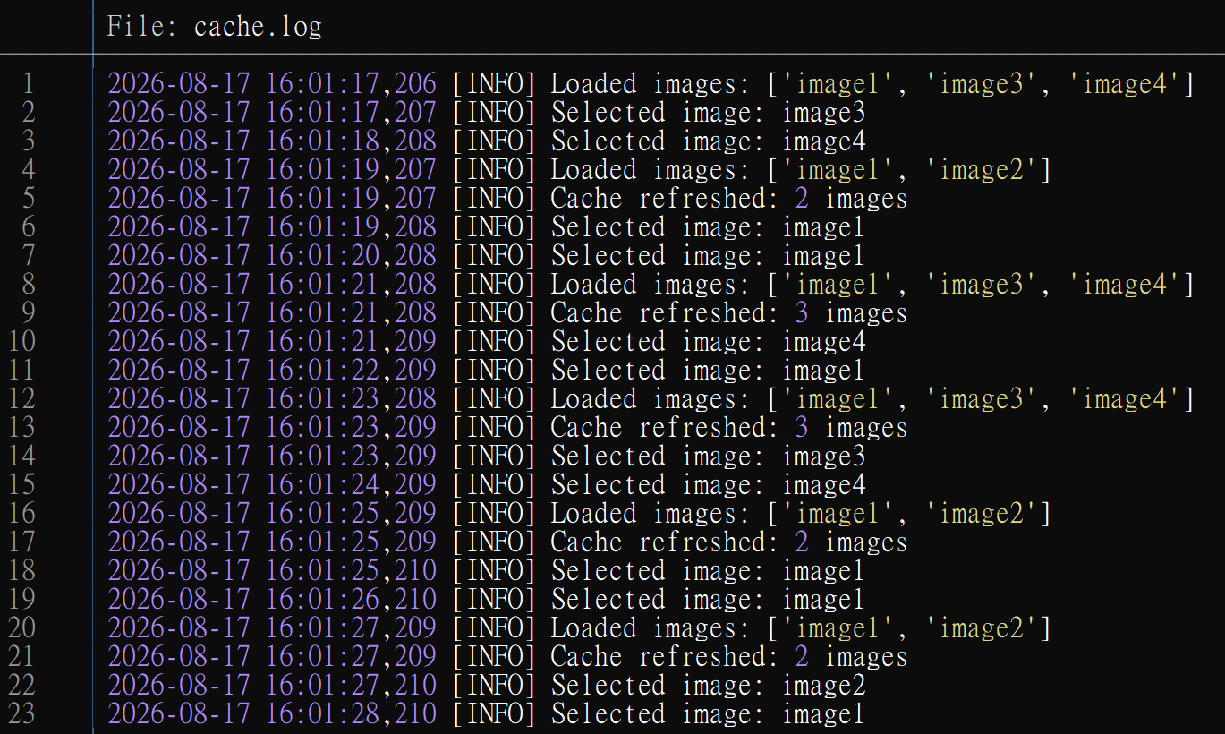 Python cache refresh and image selection logs.